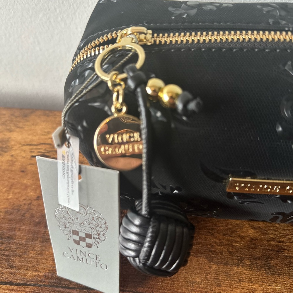Vince Camuto Black Floral Embossed Cosmetic Bag Ball Charm Zipper Pull NWT - Picture 3 of 6